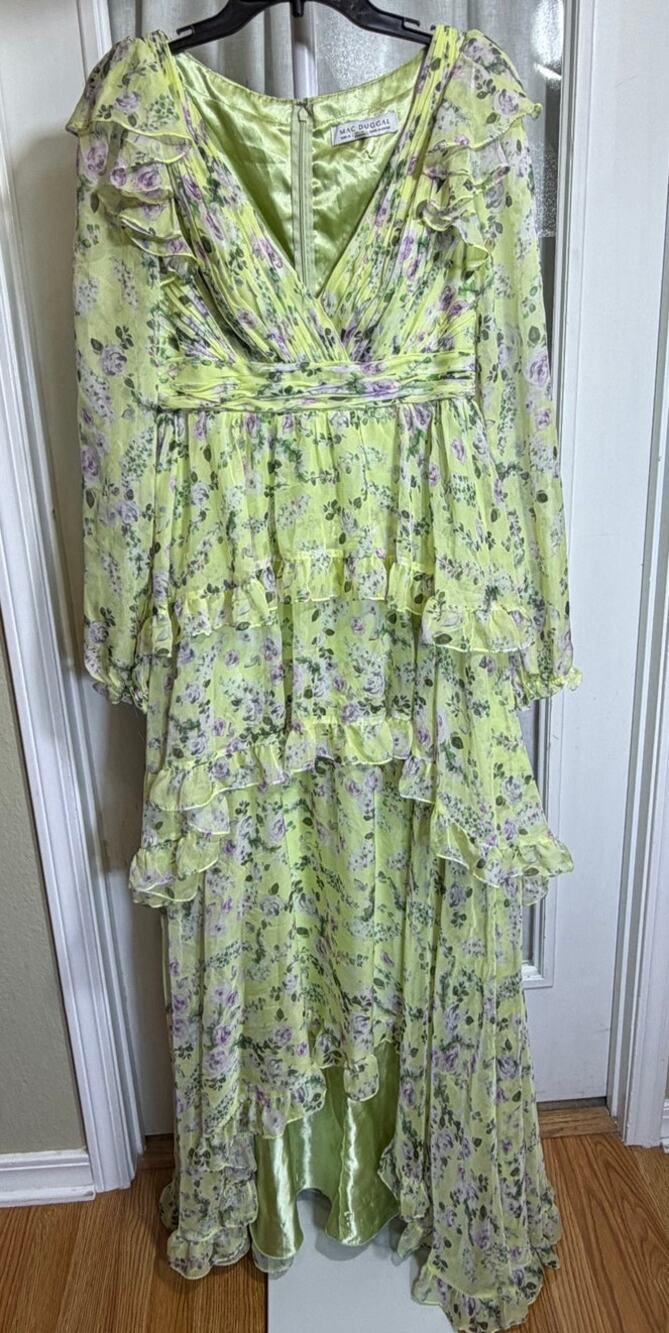 Mac Duggal Women Green Pink 8 Floral Chiffon Tiered Asymmetrical Formal Gown